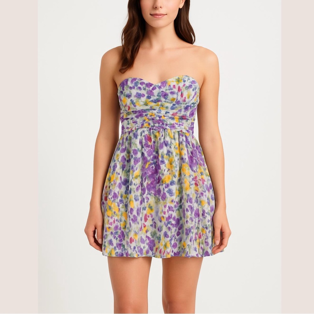 100% Silk Purple Yellow Floral Strapless Mini Dress